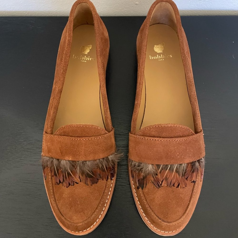 Bobbies Women's Brown Suede Loafers with Feather Detail